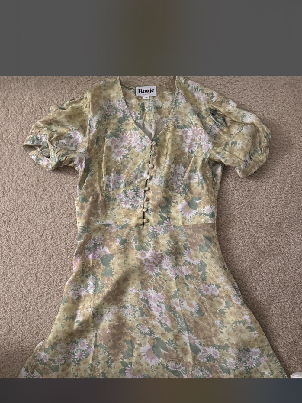 Rouje Yellow Floral V-Neck Puff Sleeve Midi Dress - Picture 4 of 5